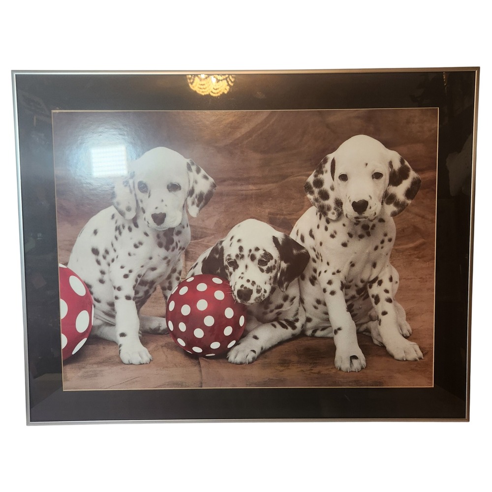 Vintage 1993 Dalmatian Puppies Framed Art Print Silver Metal Frame 28x22 Large